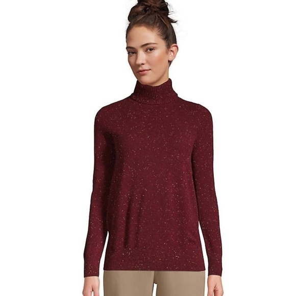 Lands' End Cashmere Turtleneck Sweater in Burgundy Donegal Size Small - Picture 2 of 9
